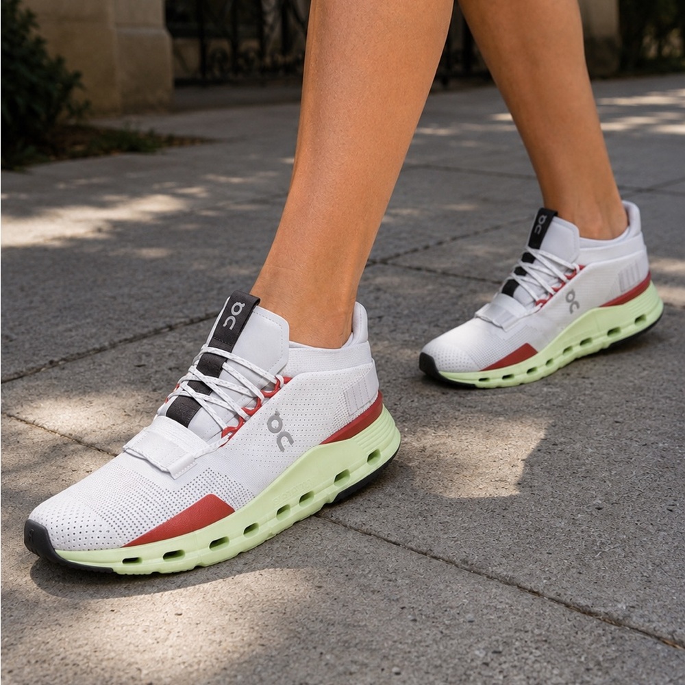 On Running Women's White, Red & Light Green Cloudnova Athletic Shoes